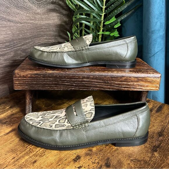 ASOS DESIGN penny loafers in green khaki leather w/faux snake print, Sz 13. NWOT - Picture 7 of 16